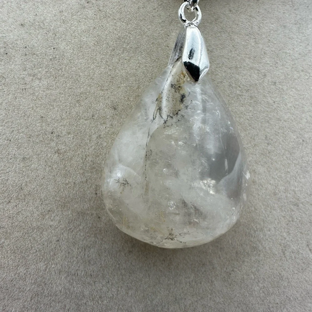 Dendritic Quartz Teardrop Pendant Necklace on Black Satin Tope